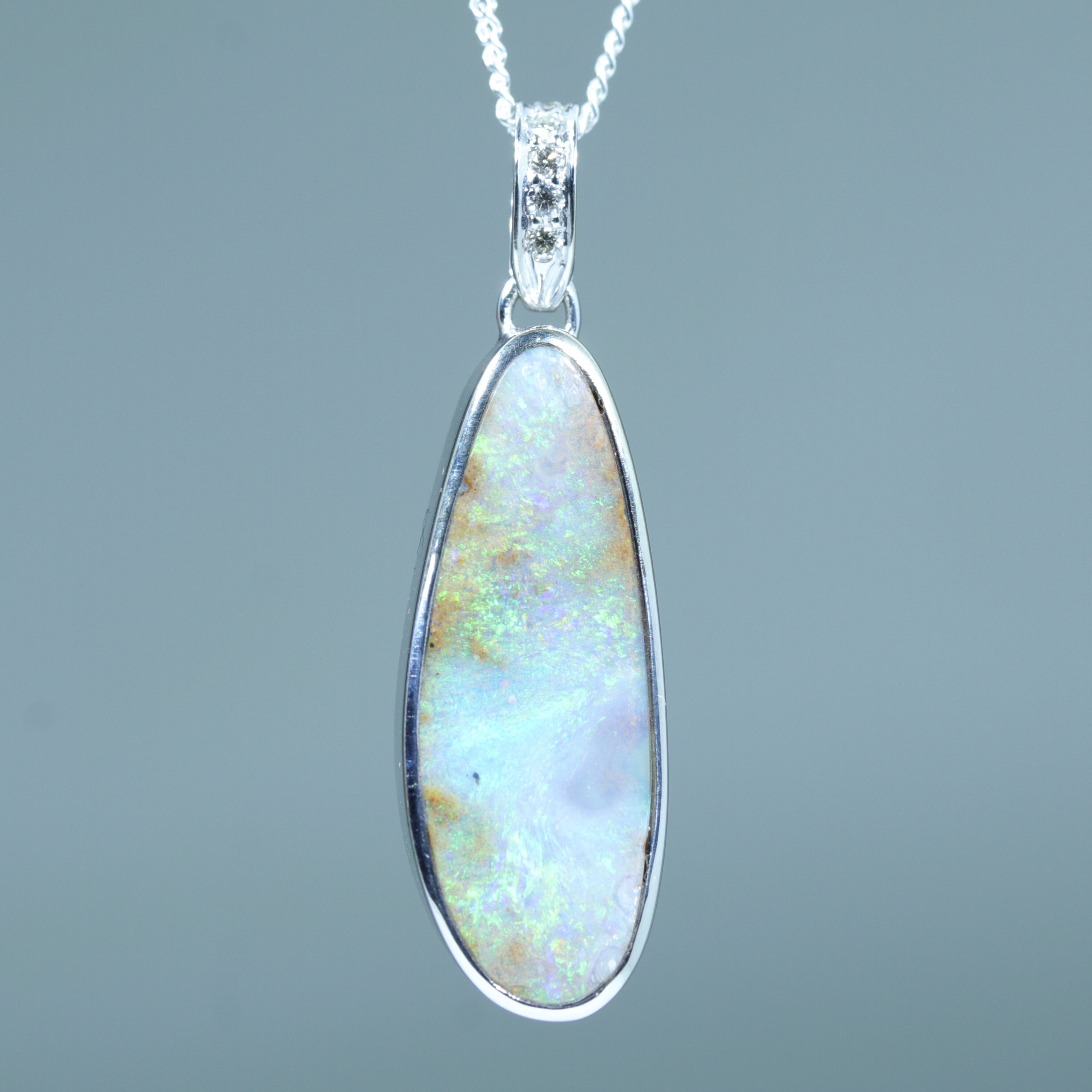 Australian Boulder Opal and Diamond 14k White Gold Pendant (23mm x 8mm) Code - AA116