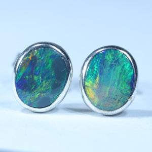 Natural Australian Black Opal Silver Stud Earrings