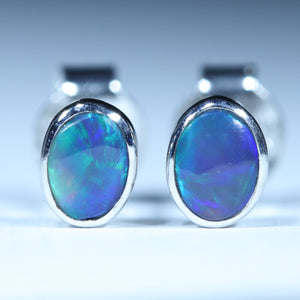 Natural Australian Black Opal Silver Stud Earrings