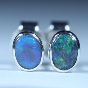 Natural Australian Solid Lightning Ridge Black Opal Silver Studs