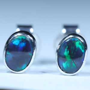 Natural Australian Black Opal Silver Stud Earrings