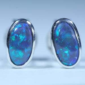 Natural Australian Black Opal silver Stud Earrings