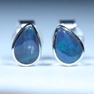 Natural Australian Solid Lighting Ridge Black Opal Silver Stud Earrings