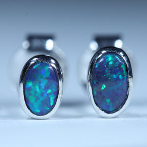 Natural Australian Black Opal Silver Stud Earrings
