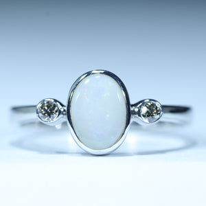 Natural Australian White Opal Silver and Diamond Ring