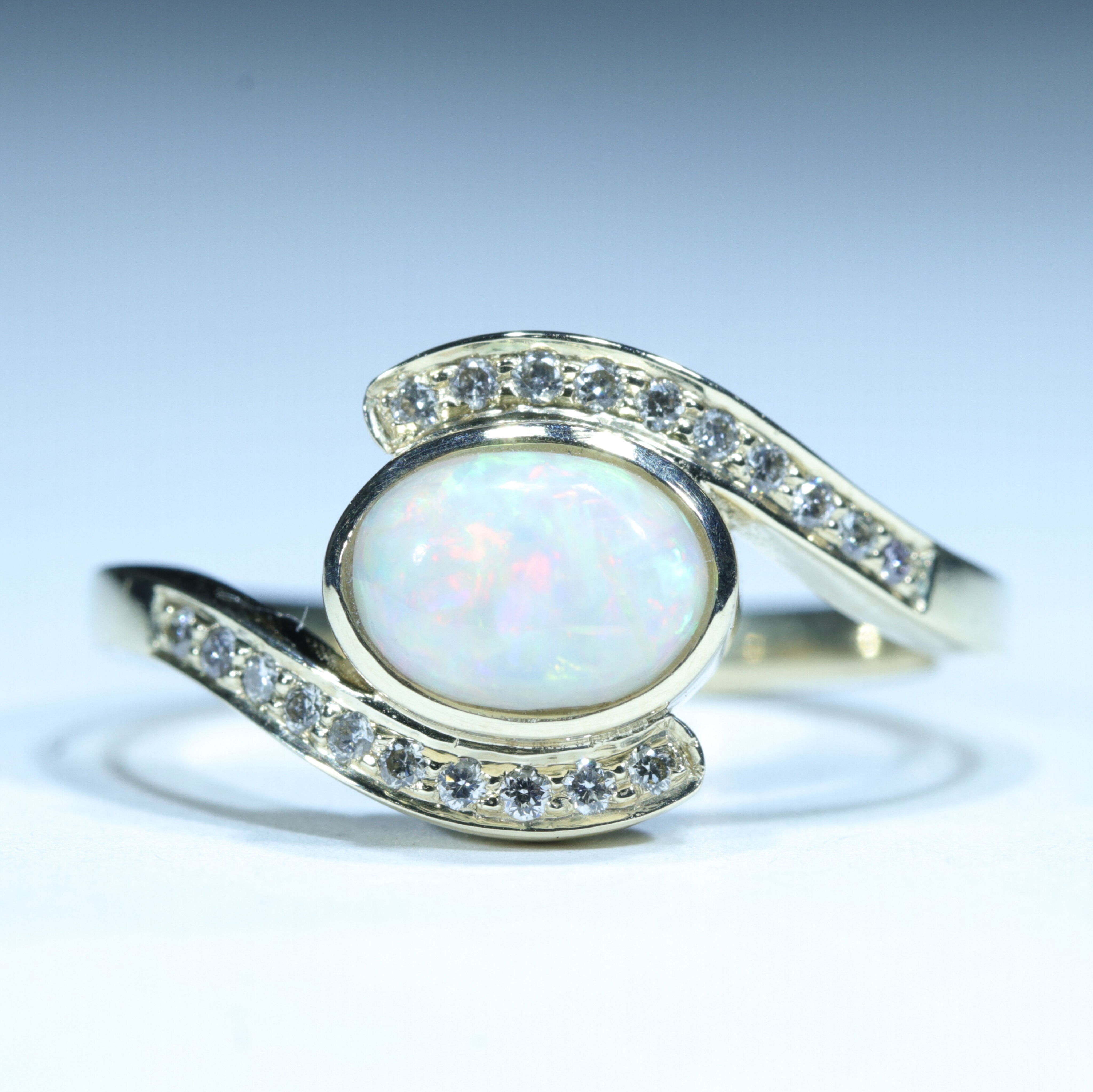 Coober Pedy White Opal and Diamond Gold Ring -  Size 6.5 US  Code EM252
