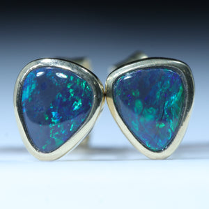 Natural Australian Black Opal Gold Stud Earrings