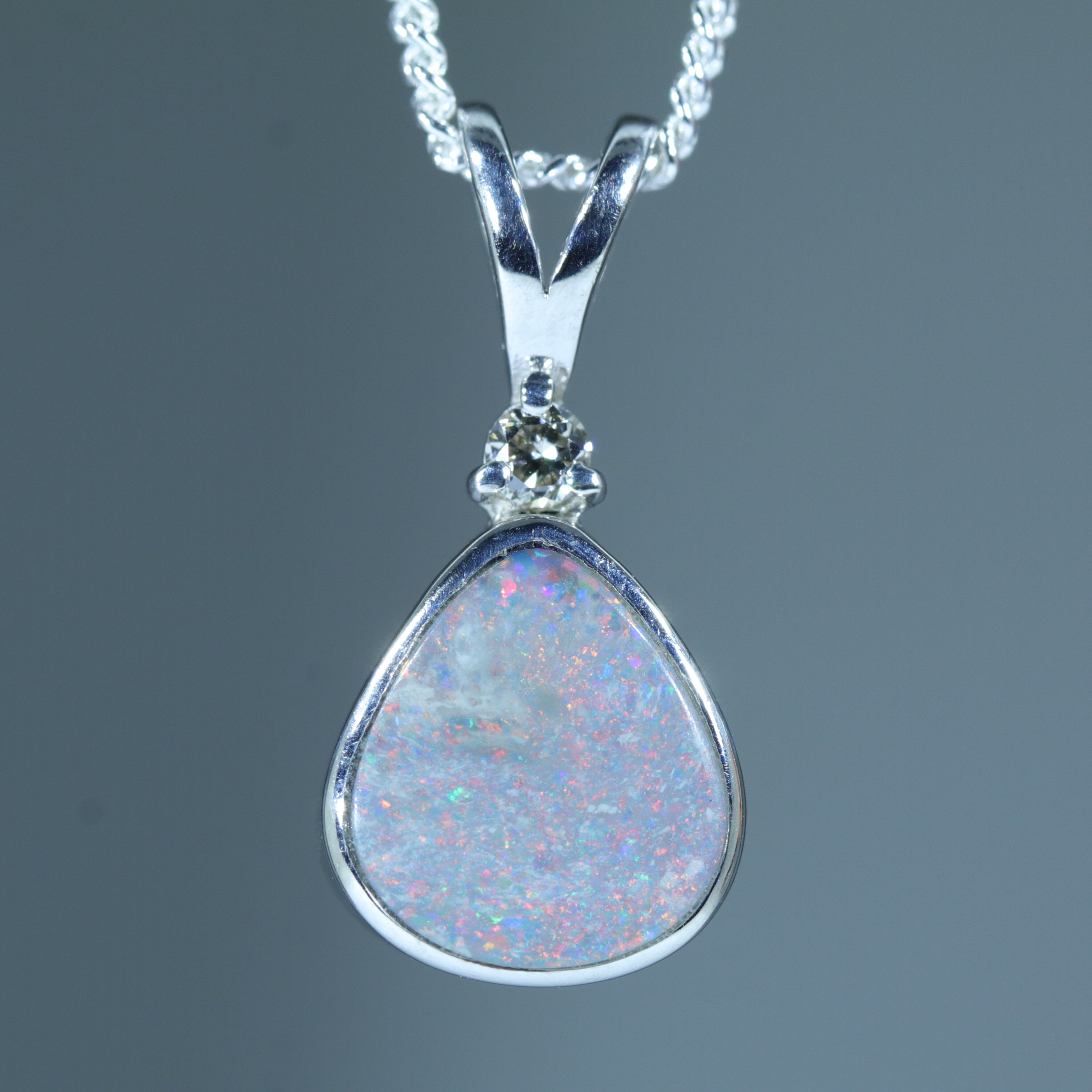Australian Solid Opal and Diamond Silver Pendant with Silver Chain (8mm x 7.5mm) Code - FF230