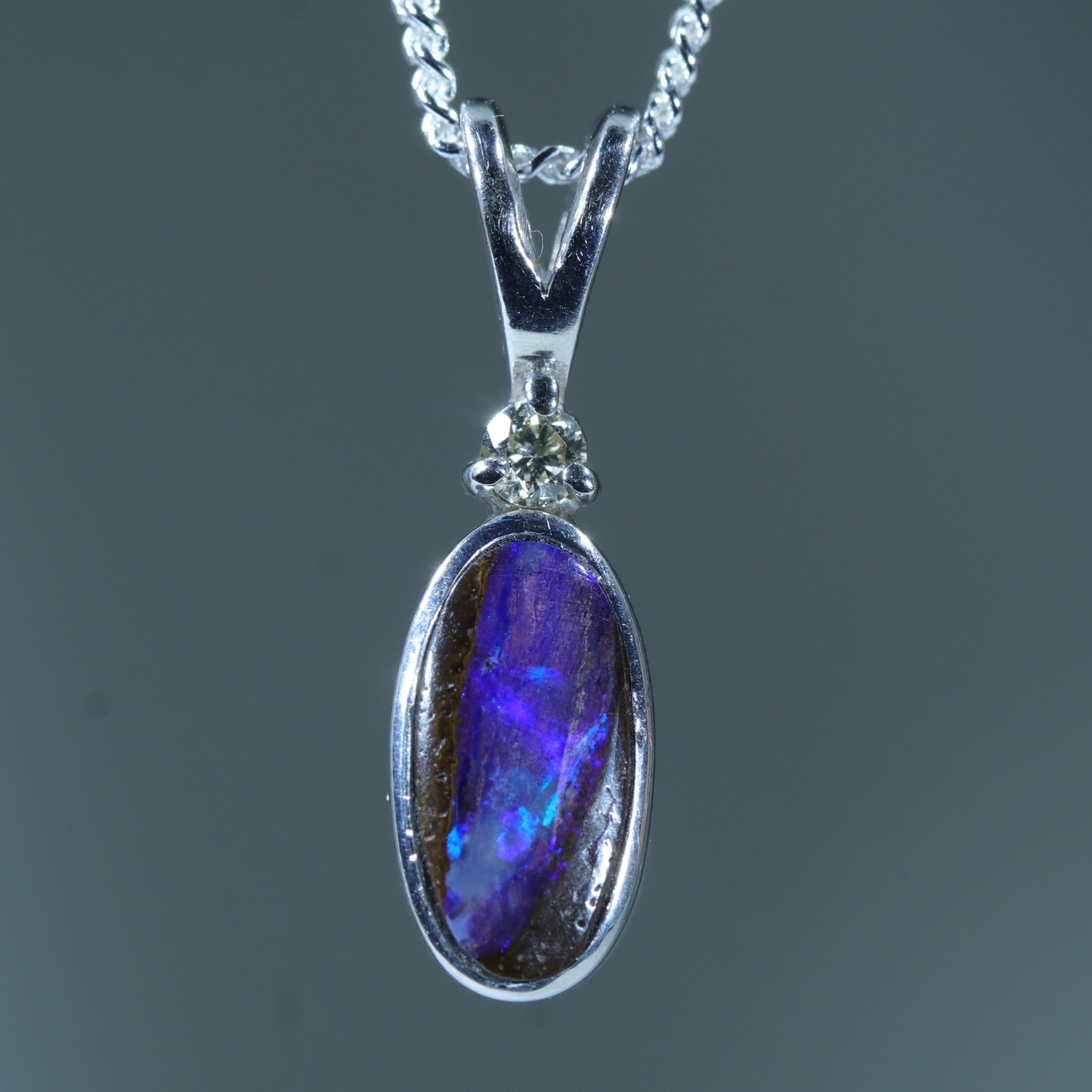 Natural Solid Boulder Opal and Diamond Silver Pendant with Silver Chain (9mm x 4.5mm)  Code - FF237