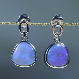Natural Australian Lighting Ridge Black Crystal Opal Silver Stud Drop Earrings