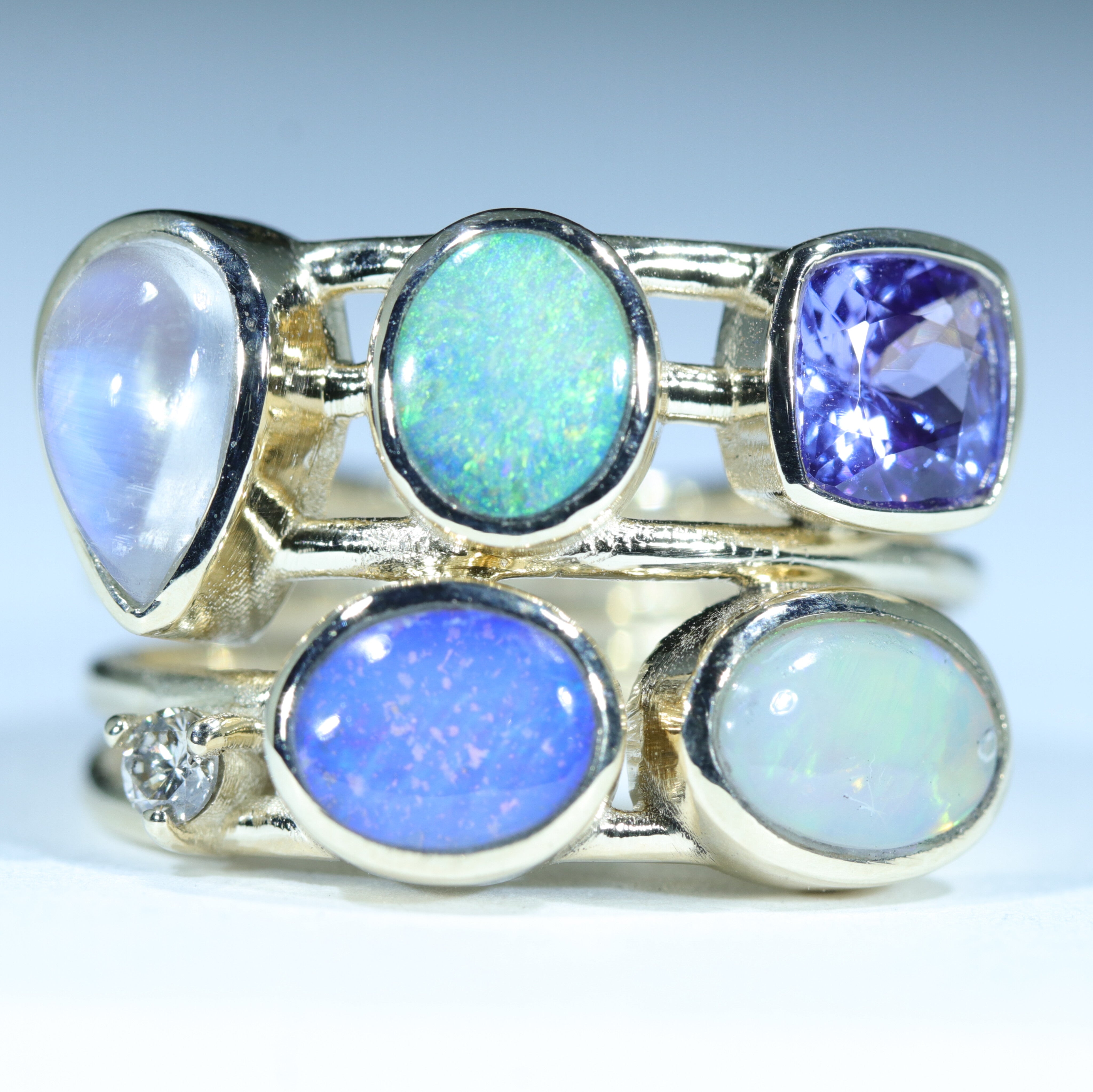 Australian Solid Opal, Tanzanite, Rainbow Moonstone, and Diamond Gold Ring  - Size 7.5 Code - EM260