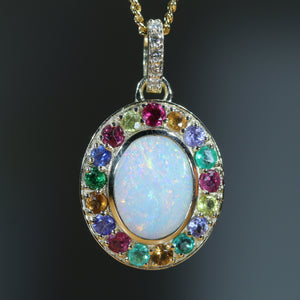 Natural Australian White Opal Gold and Gemstone Gold Pendant