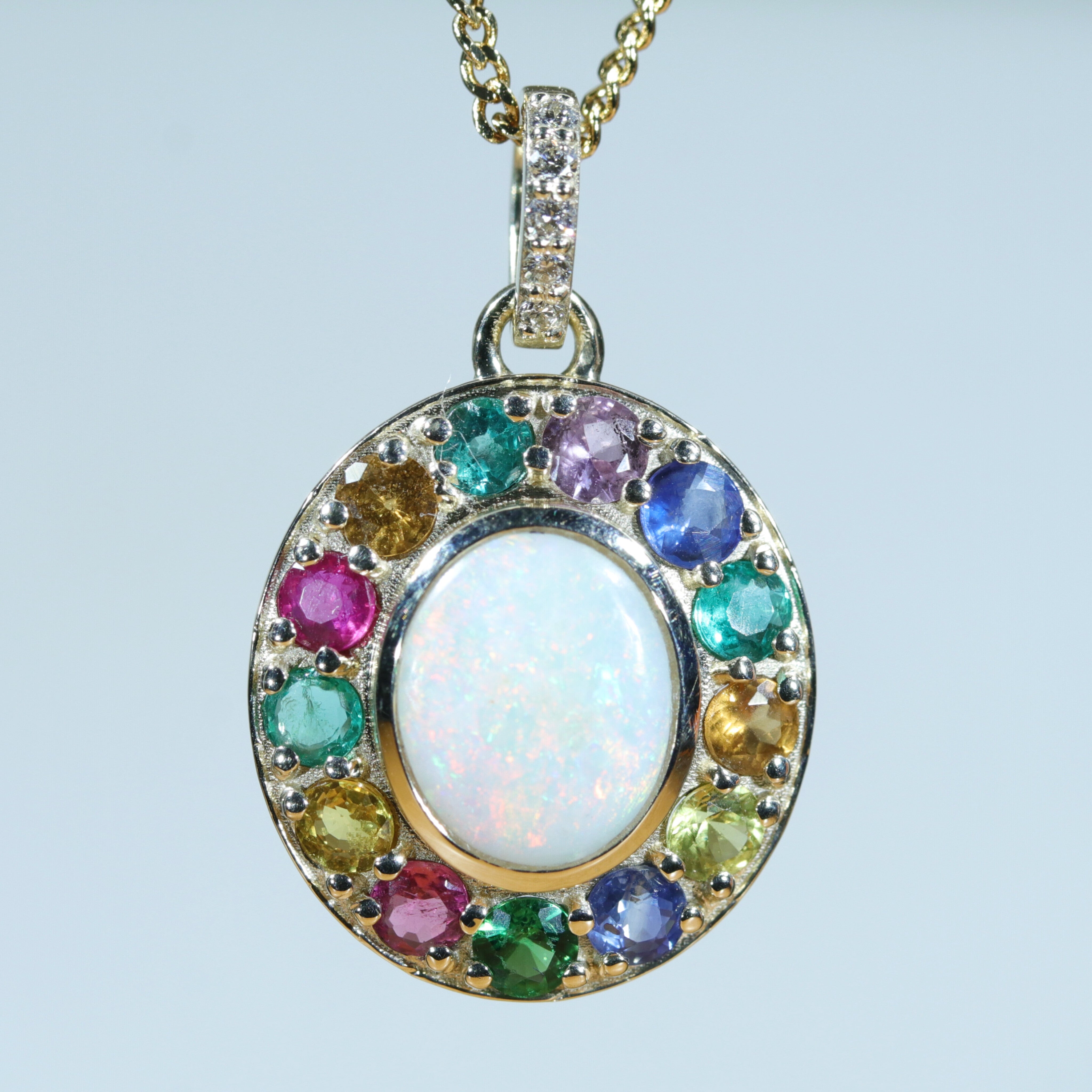 Natural Australian White Opal & Gemstone Gold Pendant (Opal - 9.5 mm x 8mm) Code - AA192
