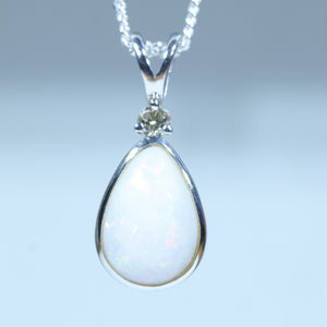 Natural Australian white Opal Silver and Diamond Pendant