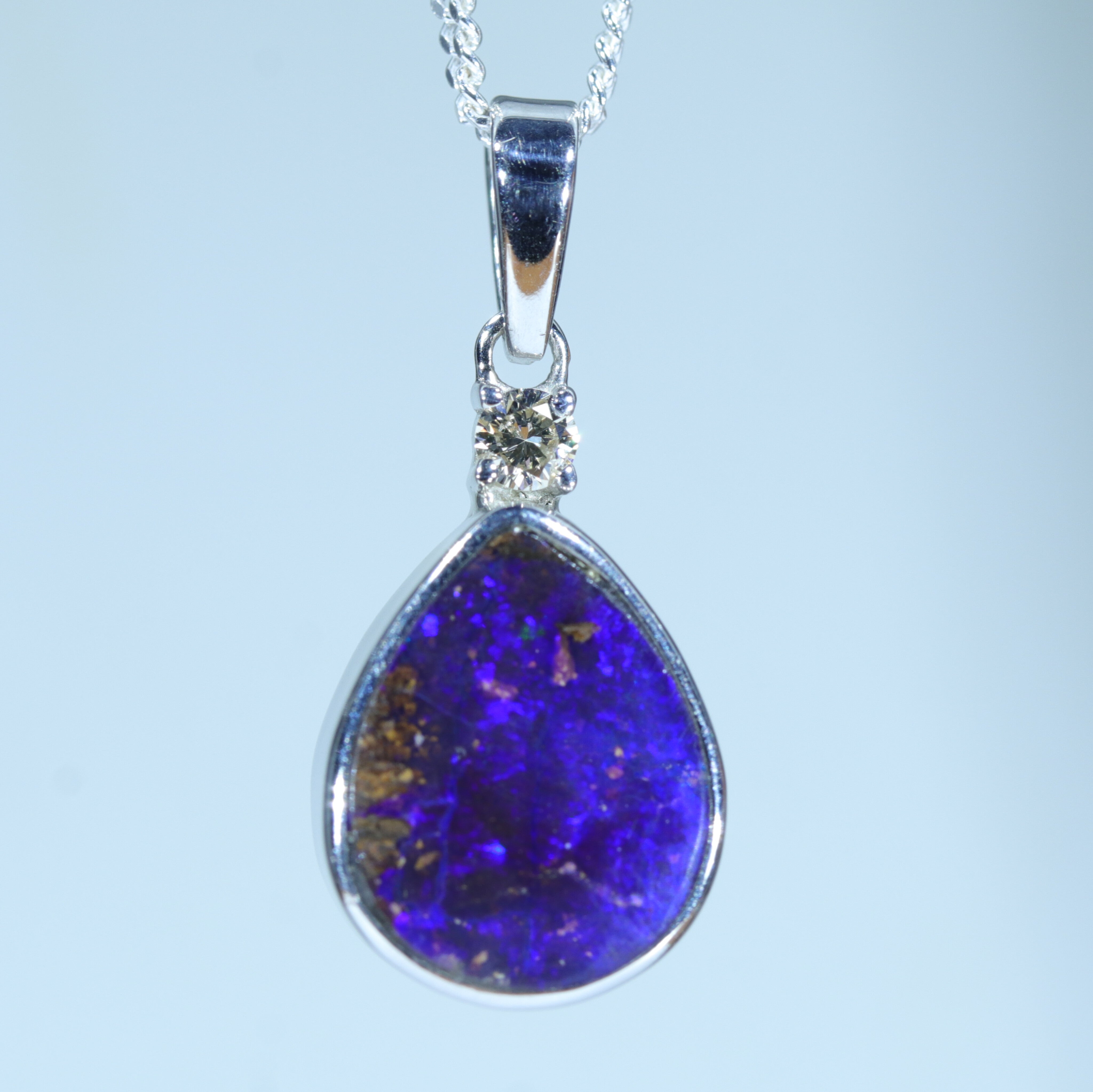 Australian Boulder Opal and Diamond Silver Pendant with Silver Chain (12mm x 9mm)  Code - FF518