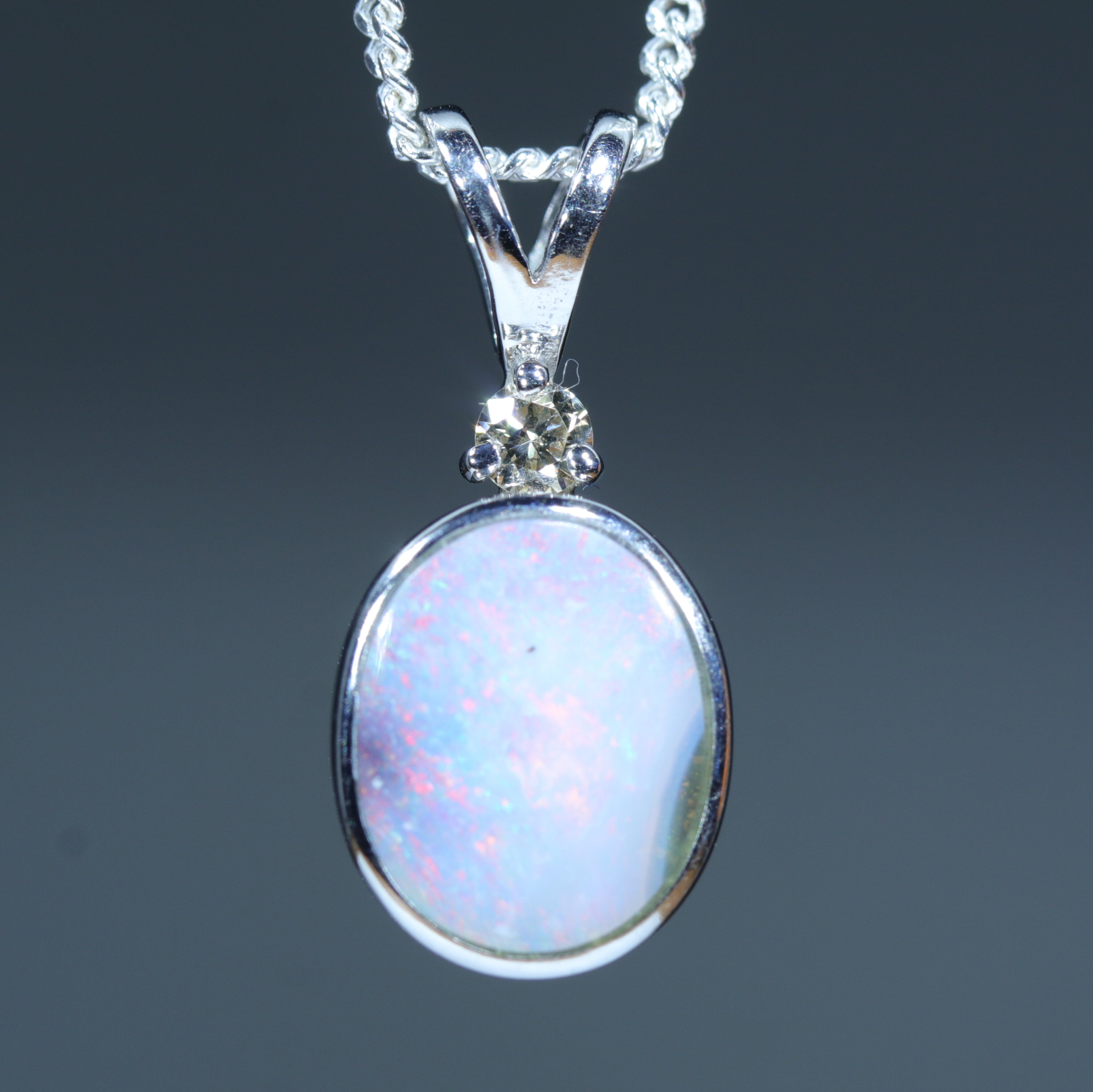 Australian Boulder Opal and Diamond Silver Pendant with Silver Chain (9.5mm x 8mm)  Code - FF509