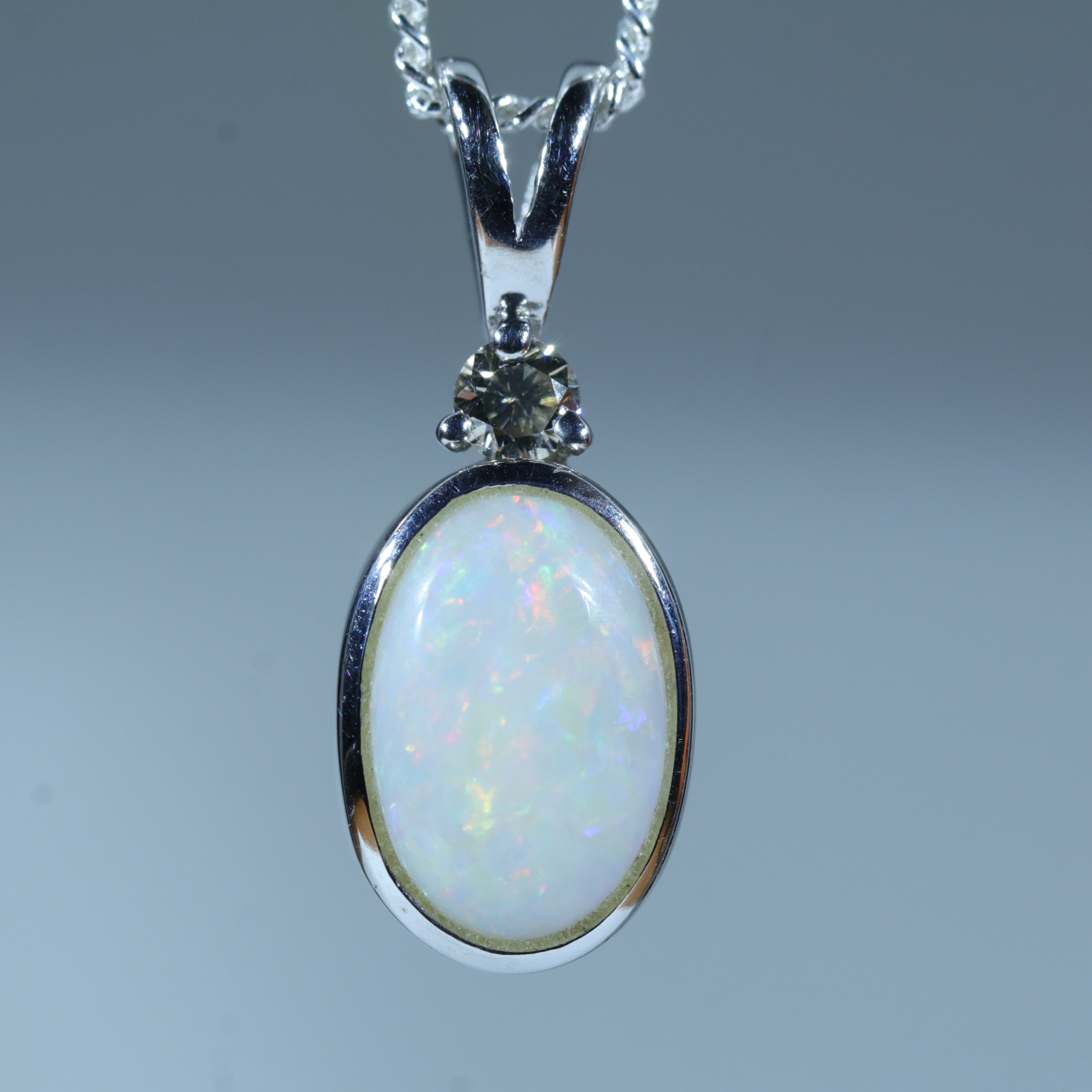 Coober Pedy White Opal and Diamond Silver Pendant with Silver Chain (9mm x 6mm) Code - FF504