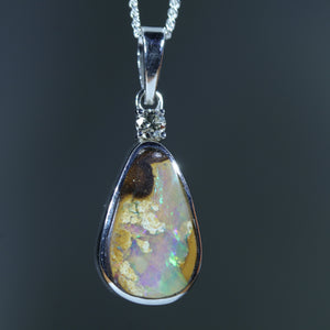 Natural Australian Boulder Opal Silver and Diamond Pendant