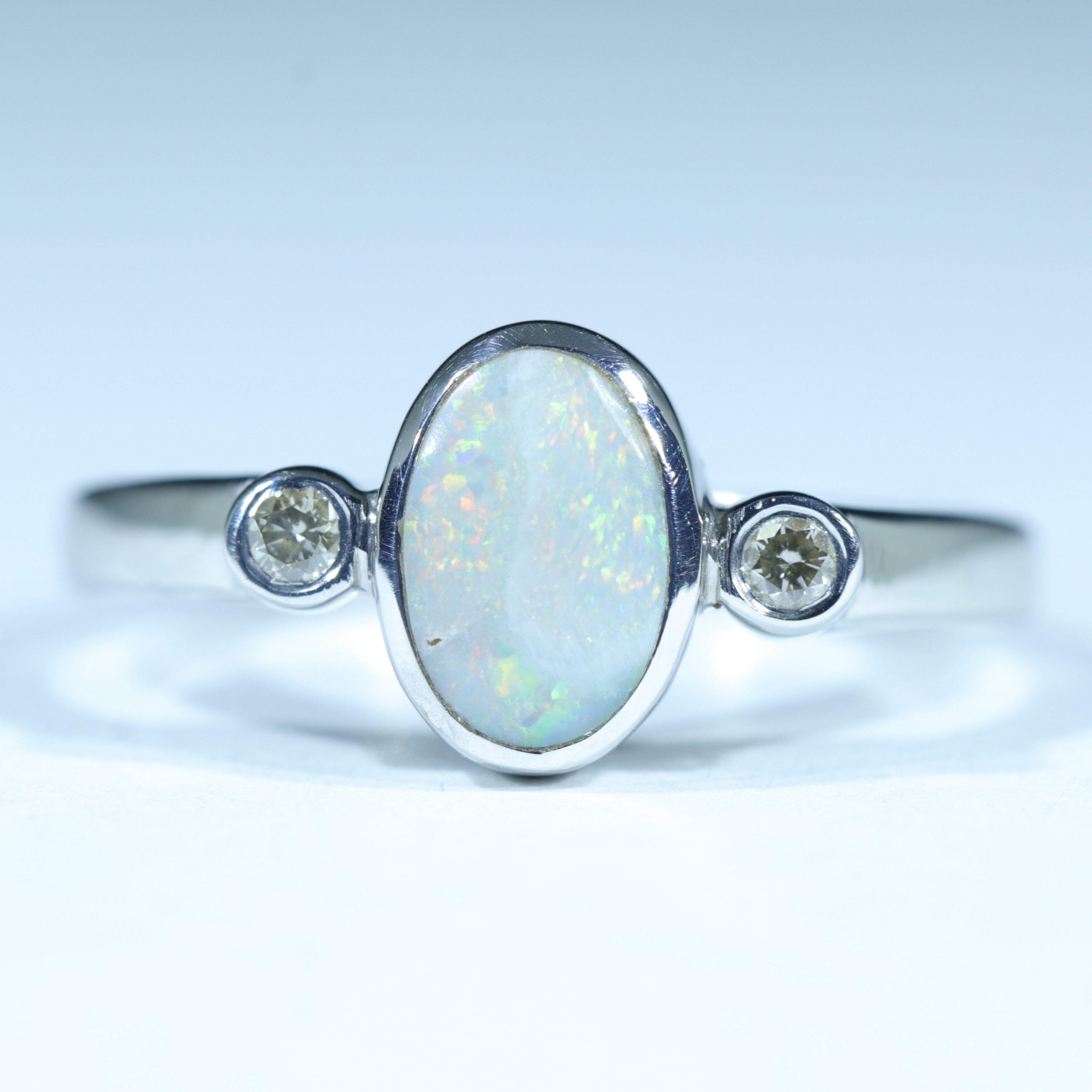 Lightning Ridge Solid Opal and Diamond Silver Ring - Size 7.25 Code CC249