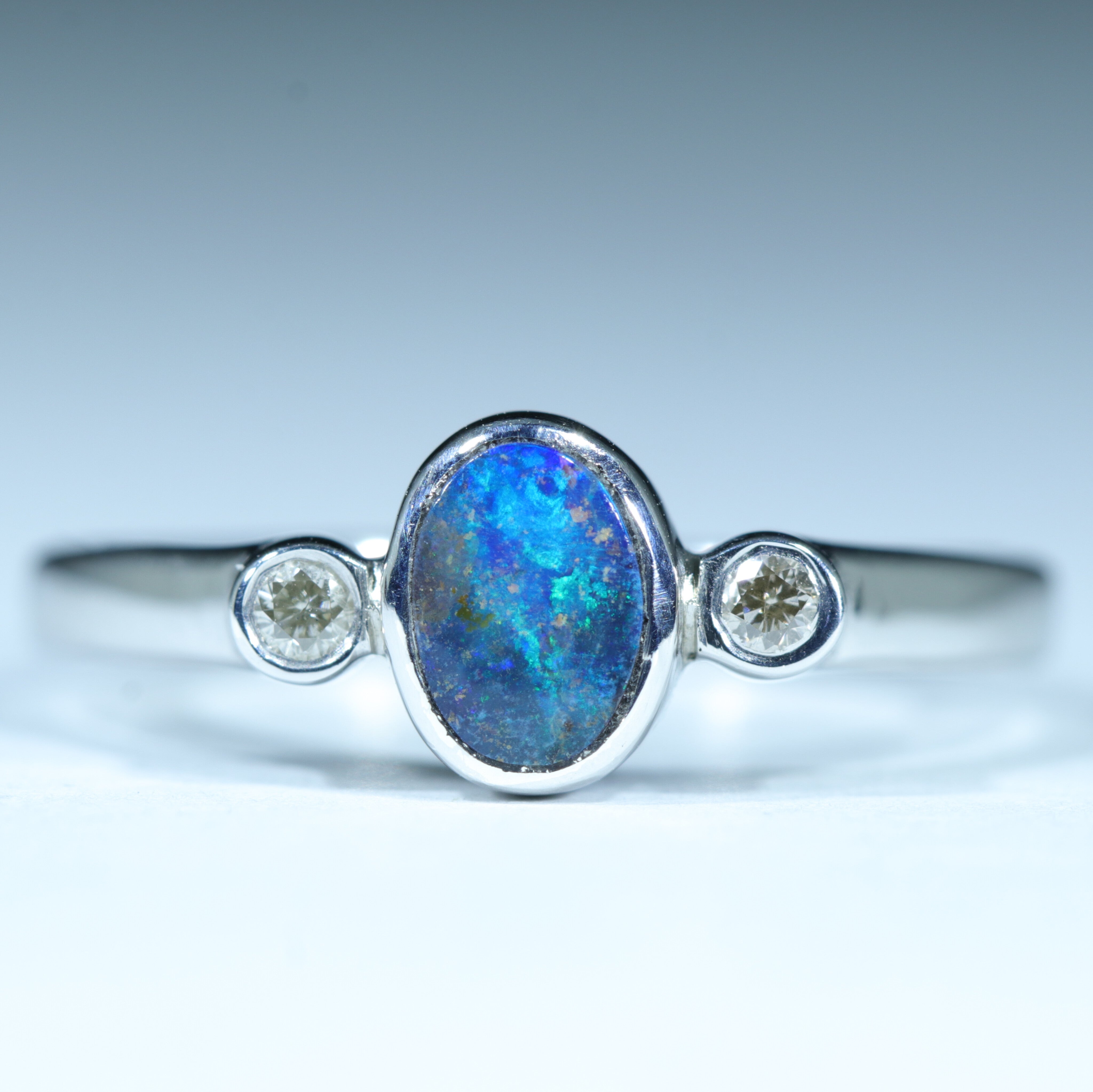 Australian Solid Boulder Opal and Diamond Silver Ring - Size 8 Code CC247