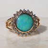 AMAZING.  Blue and Green Queensland Boulder Opal with Diamond Gold Ring. Size 7