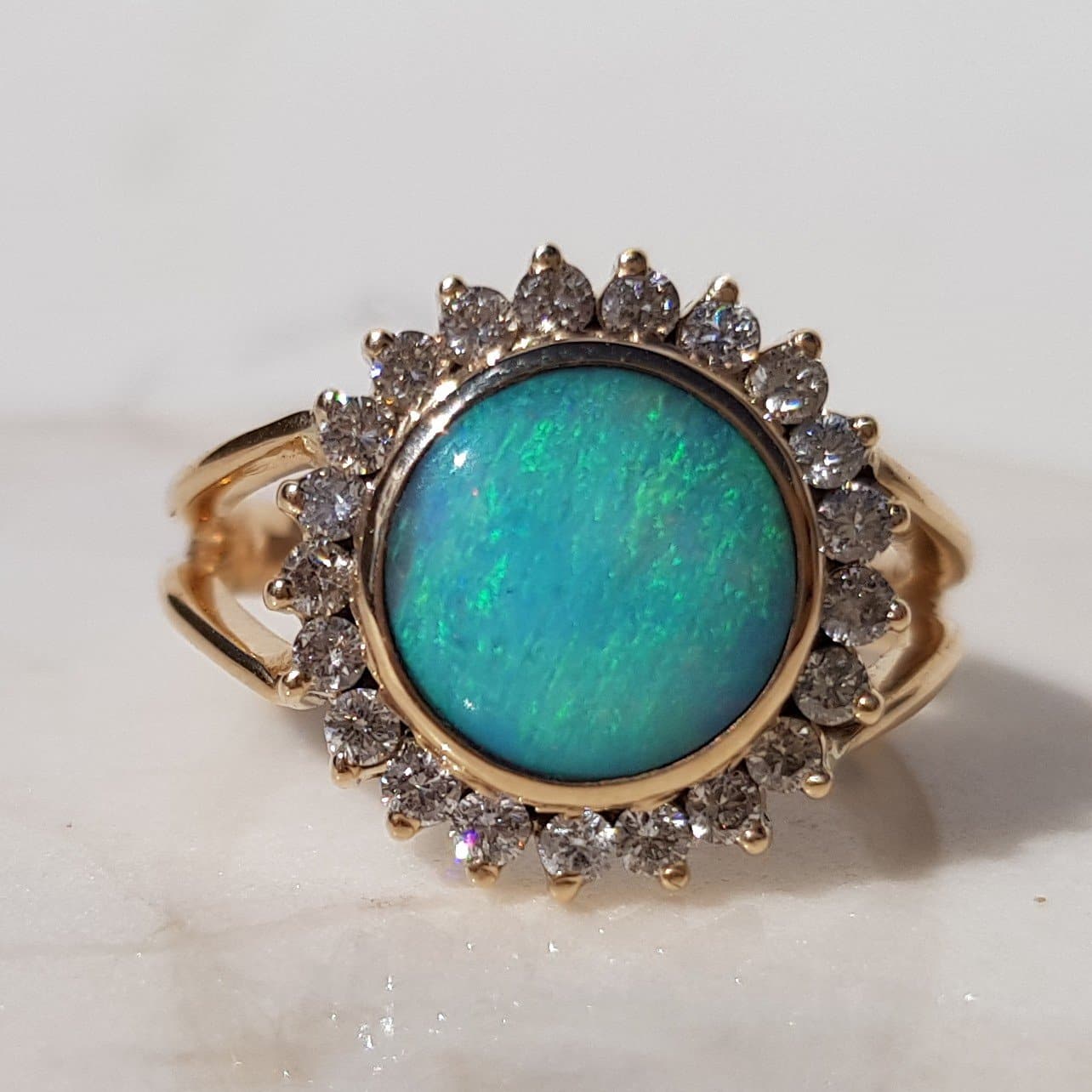 Blue and Green Queensland Boulder Opal with Diamond Gold Ring