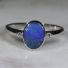 Australian Solid Boulder Opal and Diamond Silver Ring - Size 6.75
