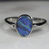 Australian Solid Boulder Opal and Diamond Silver Ring - Size 6.5