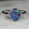 Australian Solid Boulder Opal and Diamond Silver Ring - Size 6.5