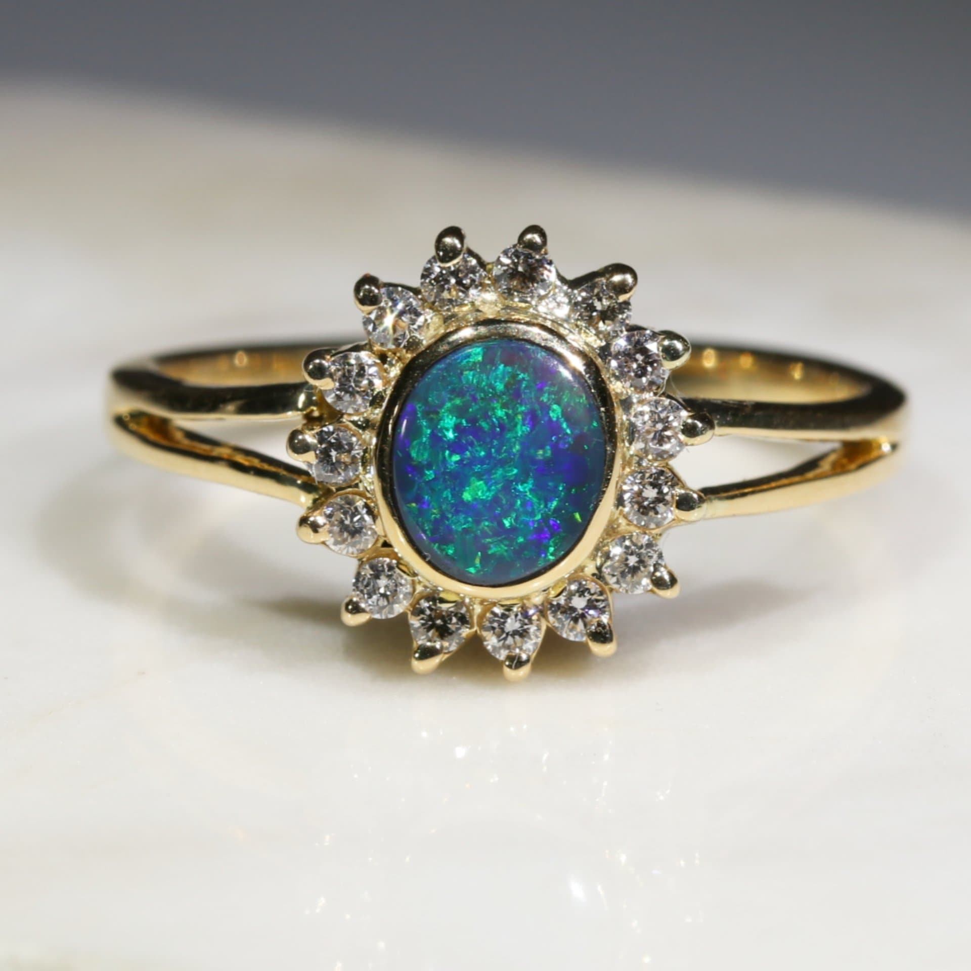 Natural Australian Black Opal and Diamond 10k Gold Ring