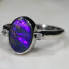 Australian Solid Boulder Opal and Diamond Silver Ring - Size  6