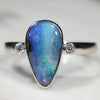 Australian Solid Boulder Opal and Diamond Silver Ring - Size 7.5