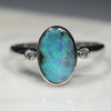 Australian Solid Boulder Opal and Diamond Silver Ring - Size 7