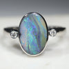 Australian Solid Boulder Opal and Diamond Silver Ring - Size 7.5