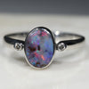 Australian Solid Boulder Opal and Diamond Silver Ring - Size 8.5