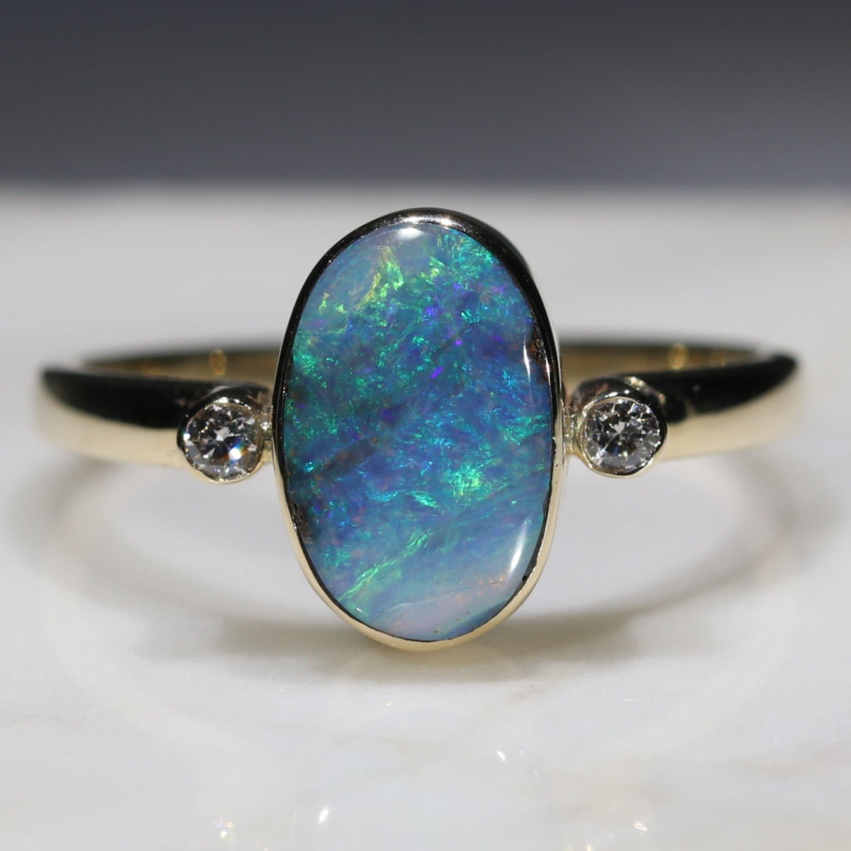 Natural Australian Green Opal Gold Ring and Diamond - Size 8