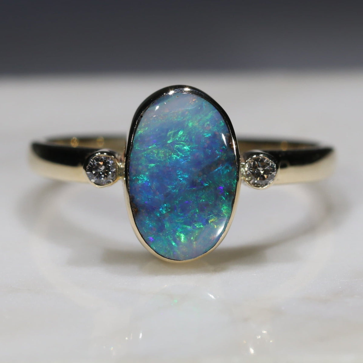 Natural Australian Green Opal Gold Ring and Diamond - Size 8