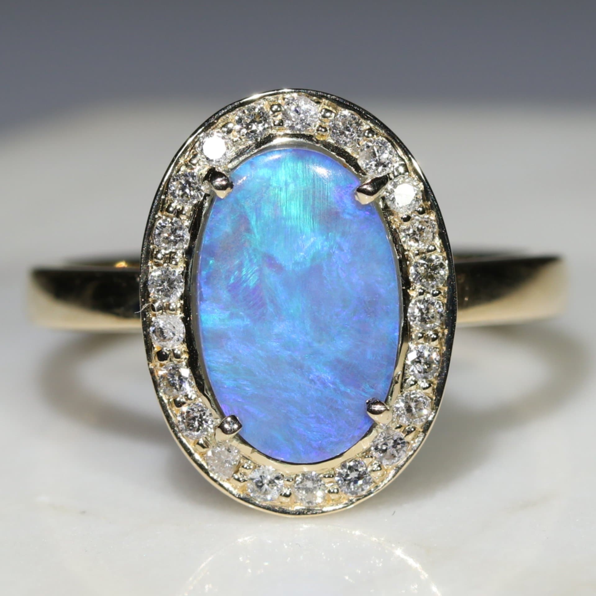 Natural Australian Boulder Blue Opal and Diamond Gold Ring