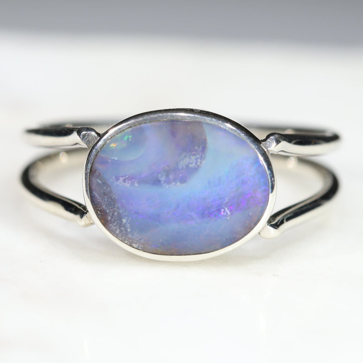 Australian Solid Boulder Birthstone Opal Ring - Silver - Size 6.5
