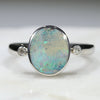 Australian Solid Boulder Opal and Diamond Silver Ring - Size 7