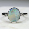 Australian Solid Boulder Opal and Diamond Silver Ring - Size 7