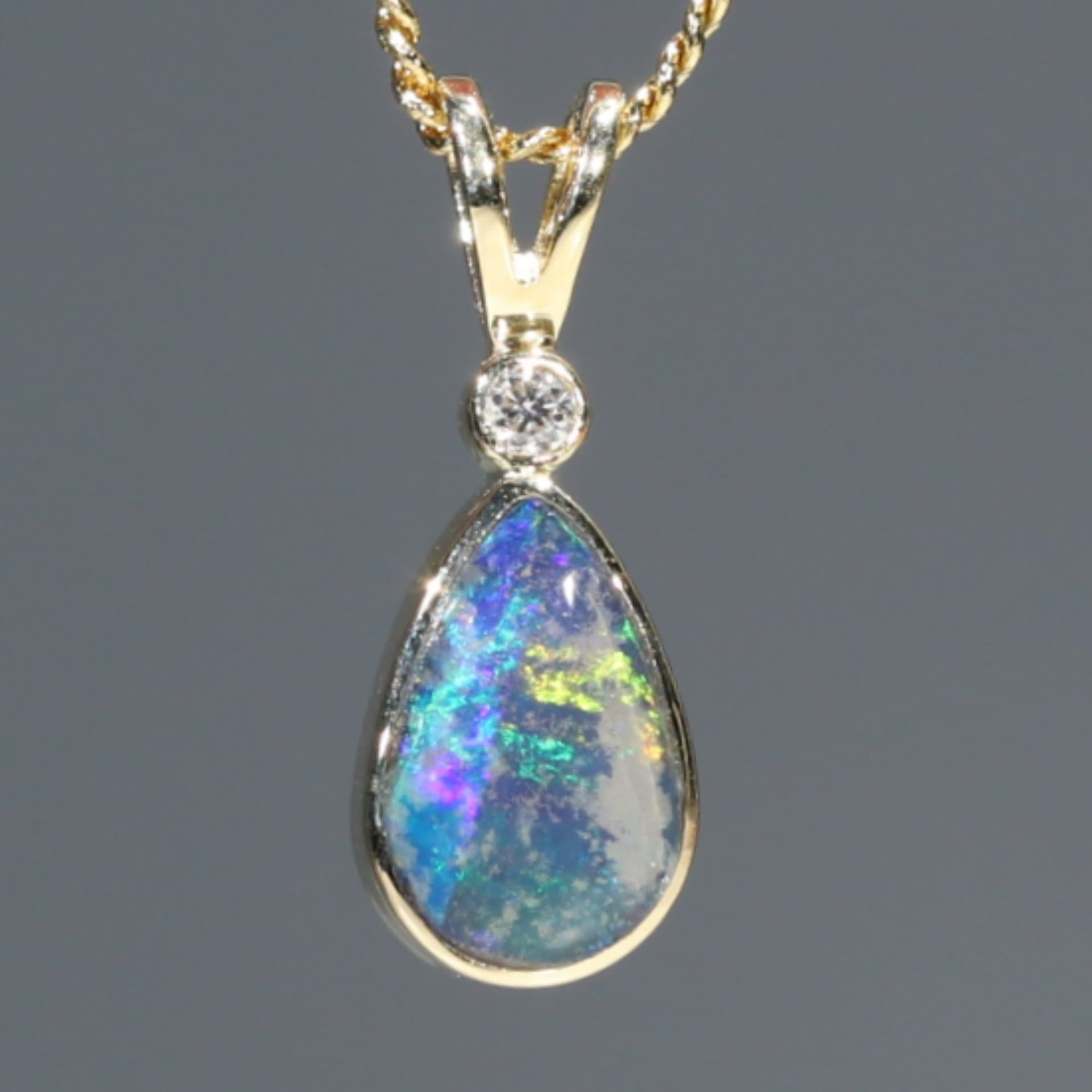 Australian Boulder Birthstone Opal Necklace and Diamond 18k Gold