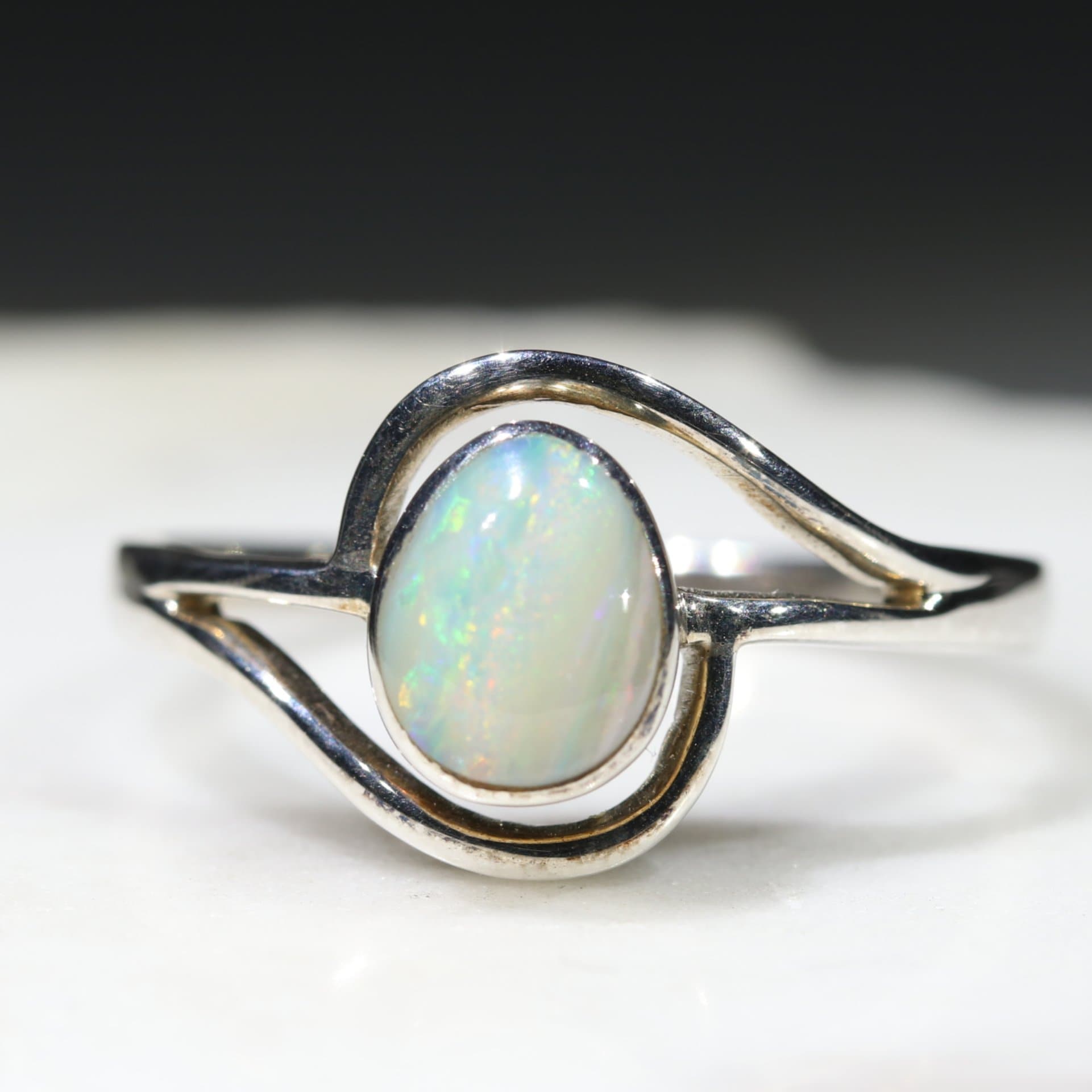 Natural Australian White Boulder Opal Ring-Silver Size 10