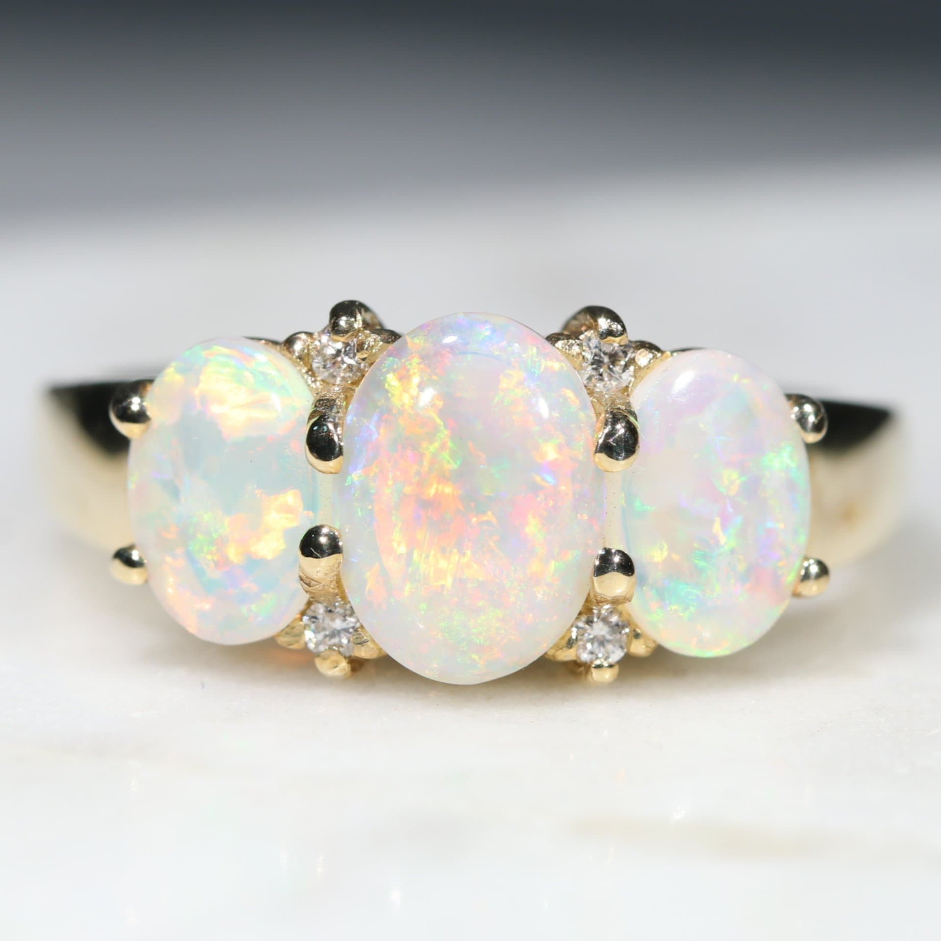 Opal and Gold Trilogy ring with Diamonds Trilogy Gold Ring Size