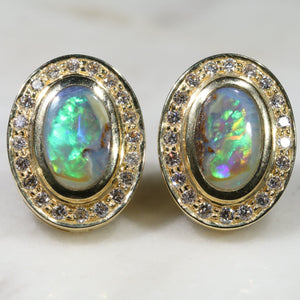Natural Australian Boulder Opal Gold and Diamond Studs