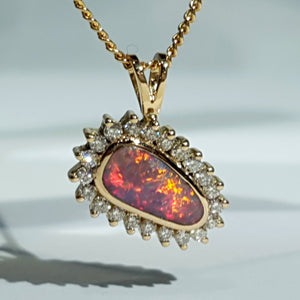 Natural opal camp fire 18k gold pendant