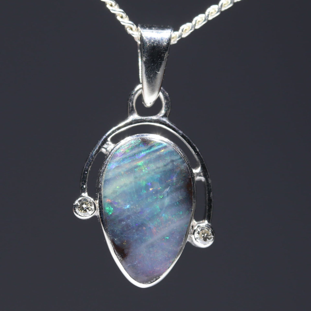 Natural Australian Boulder Opal and Diamond Silver Pendant with Silver