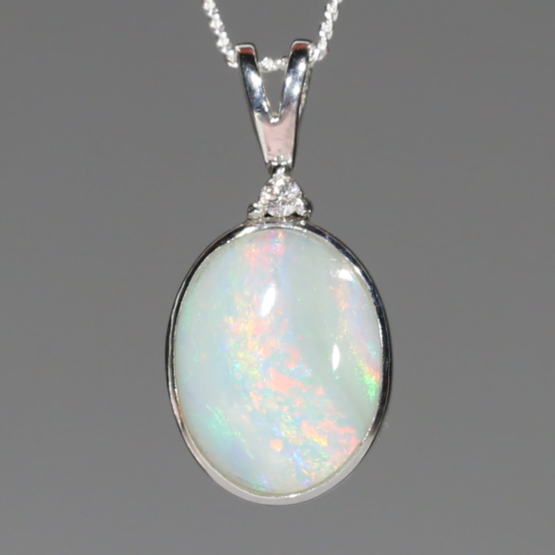 Australian Coober Pedy Opal necklace White Opal and Diamond- Silver white opal pendant