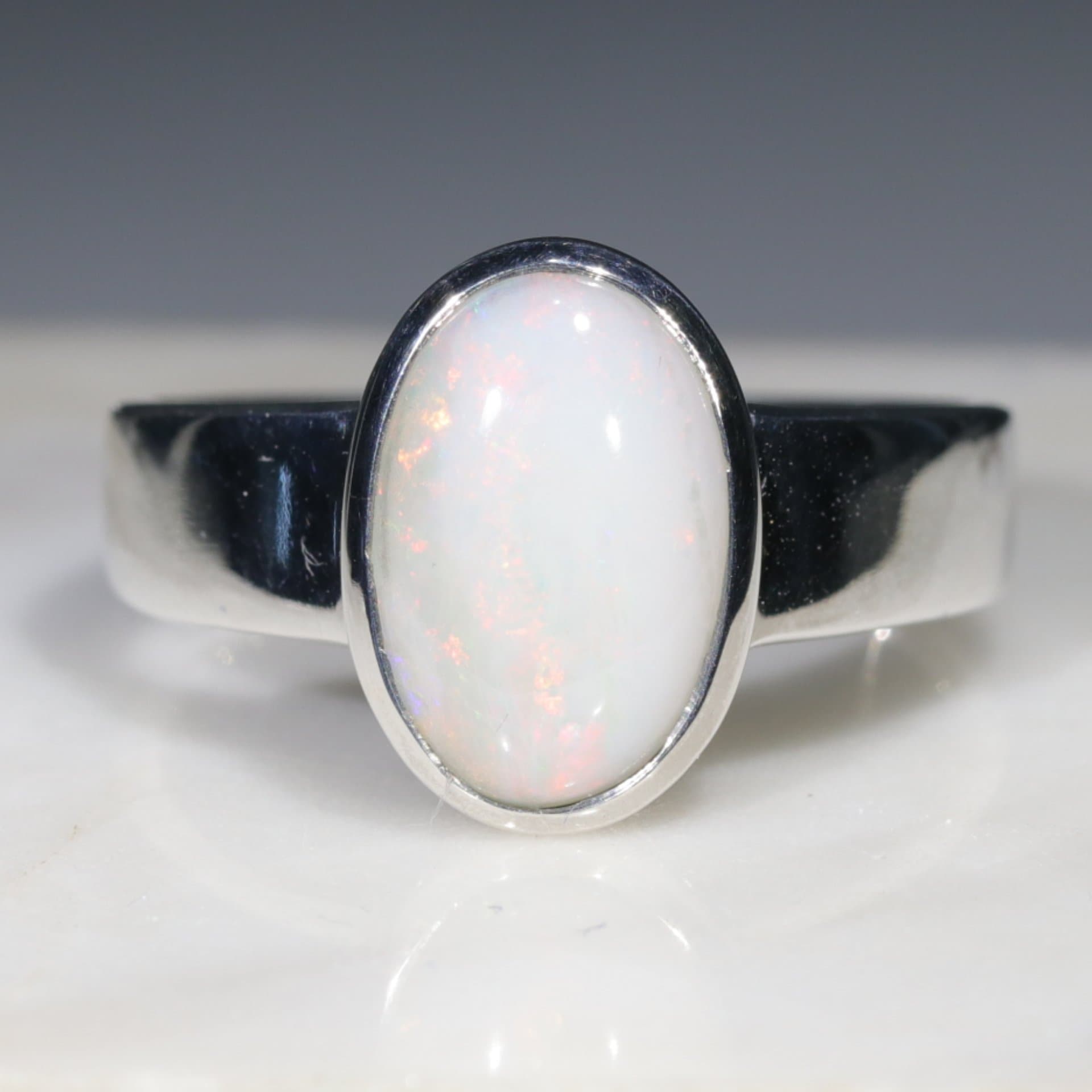 Australian Solid White Opal Ring Sterling Silver - Size 9-5