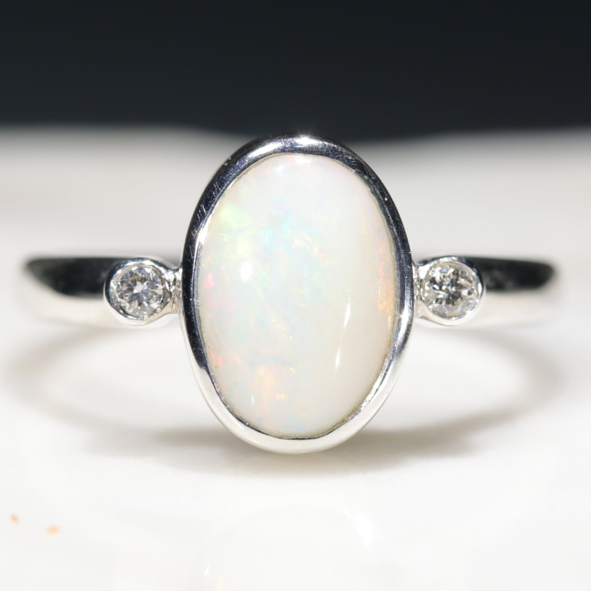 Australian White Opal Silver Ring with Diamonds Size